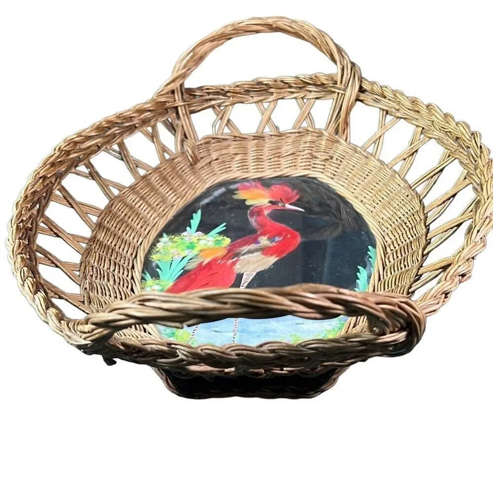 Vintage Mexico Bird Feather Folk Art Painted Wicker Basket Wall Decor 12